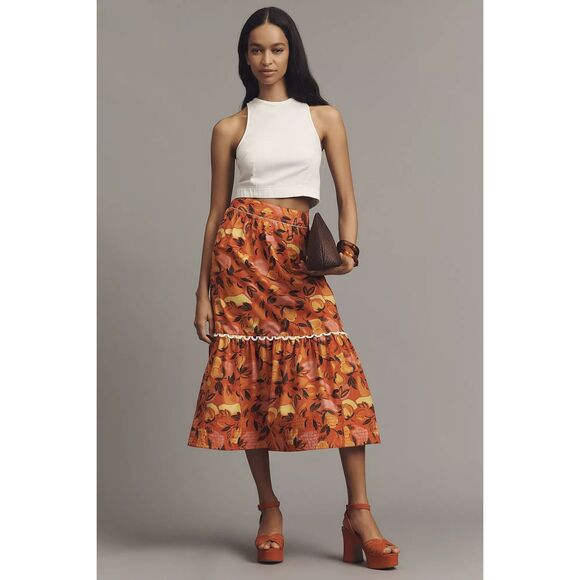 New Anthropologie Farm Rio Tiered Flare-Hem Printed Midi Skirt sz L - Picture 1 of 9